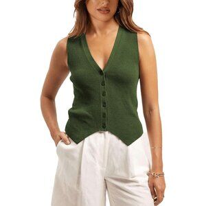 Women Sweater Vest Knit V Neck Button Sleeveless Casual Streetwear Large